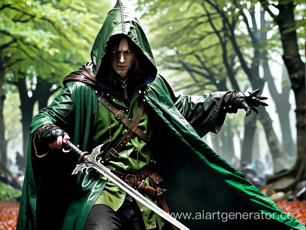 Человек одетый в кожаный жилет и зелёный плащ с капюшоном, лицо скрыто за капюшоном, проткнут мечом на уровне груди, руки протянуты к смотрящему