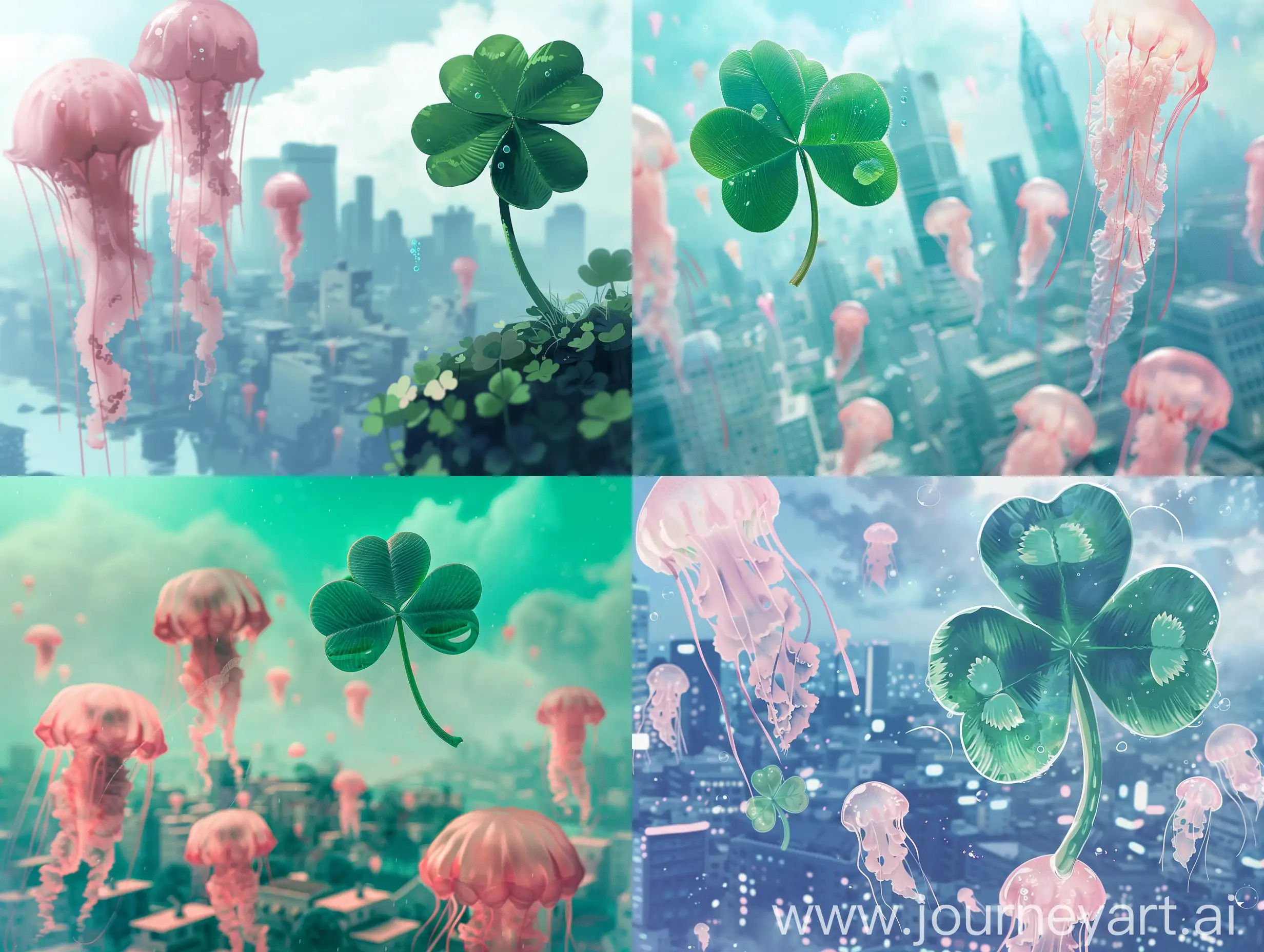 FourLeaf-Clover-Overlooking-City-Skyline-with-Pink-Jellyfish