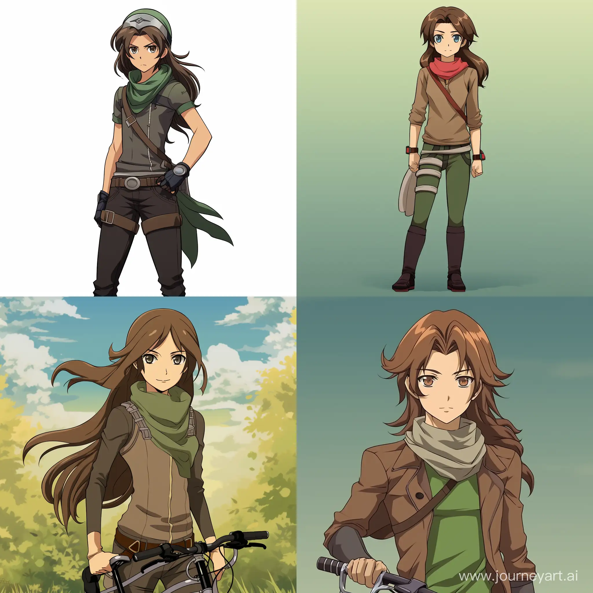 xatboy with brown long hair, with green eyes, in gray T-shirt and cyclists gloves, green scarf, flat background, full body, anime, without anyone and without outwear