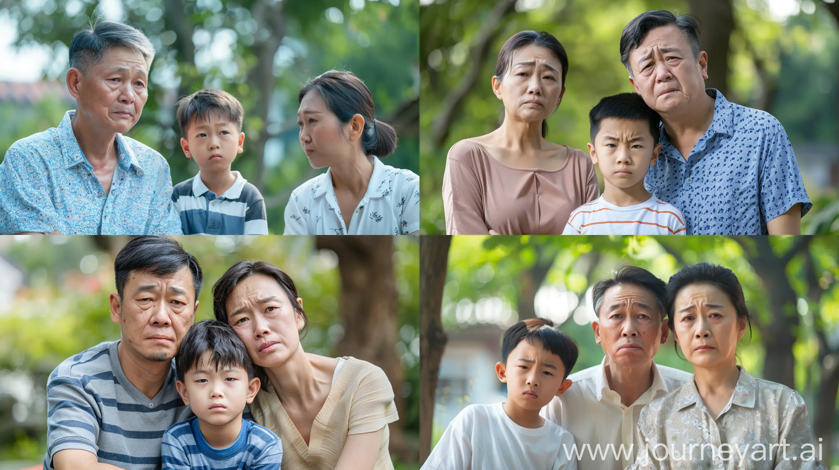 一个中国中年男子，一个中国中年女子，一个中国7岁的男孩，男子女子不开心，背景户外，真实照片，画面明亮 --ar 16:9