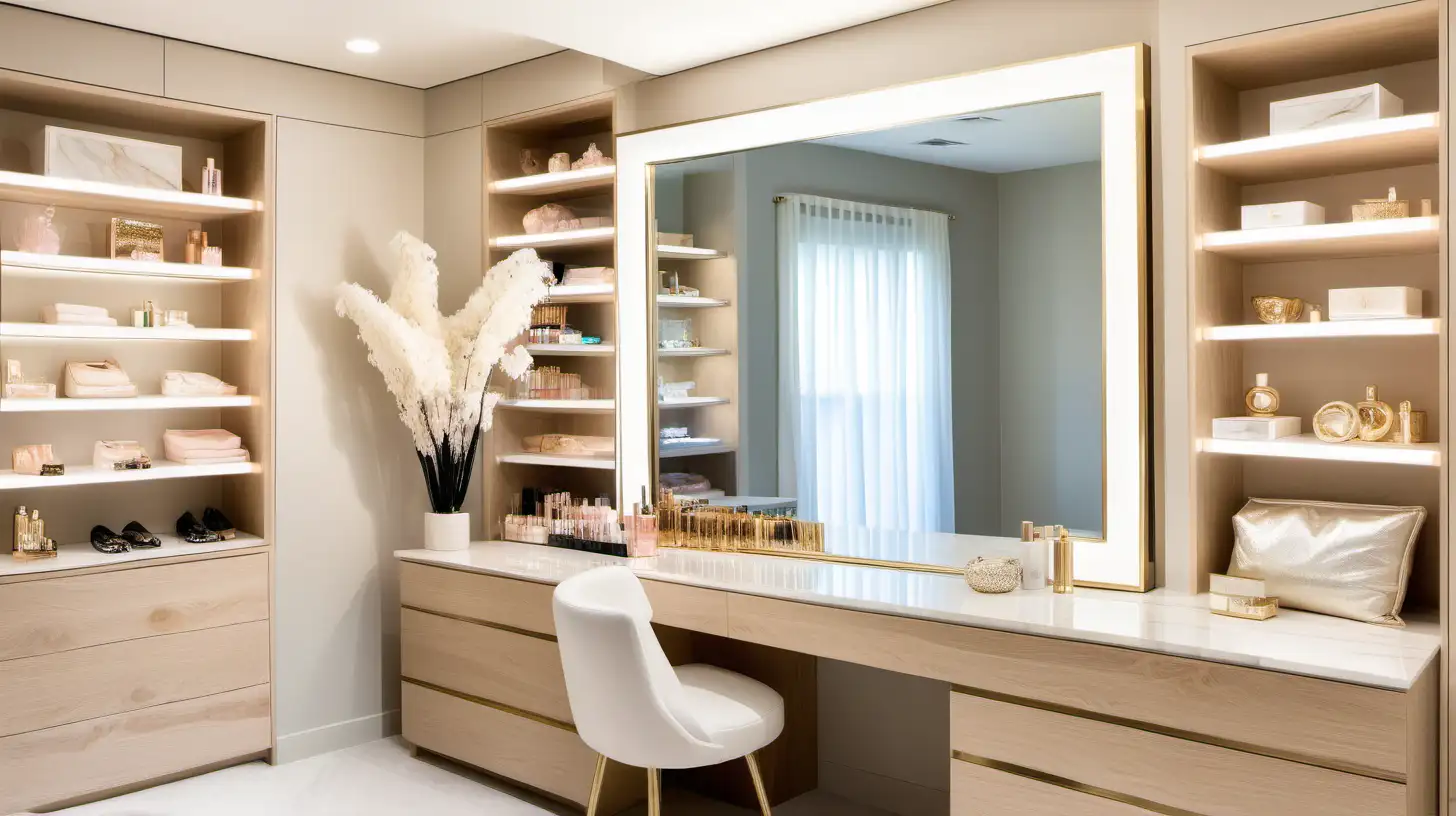 Chic Blonde Oak Glam Room with Hollywood Mirror and Quartzite Beauty Table