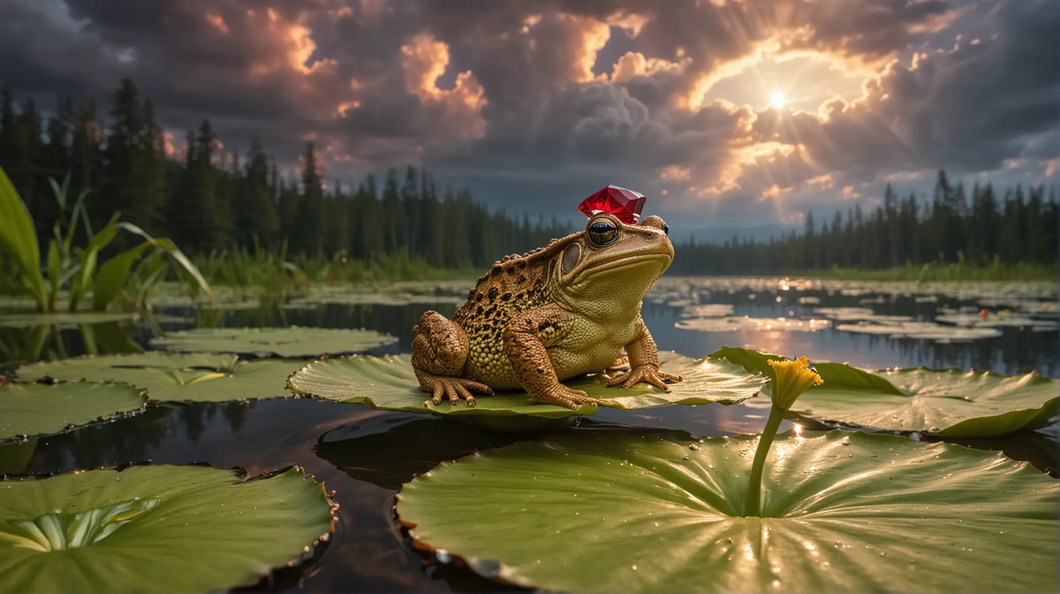 A magic toad, sitting on a lily pad, a sparkling ruby jewel on its head, nearby forest, dramatic clouds, warm light.
