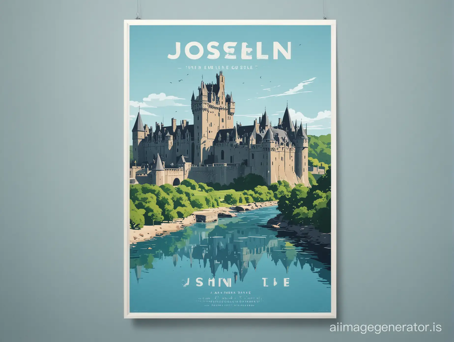 Minimalist, flat design, poster, Josselin Castle,blue river, summer