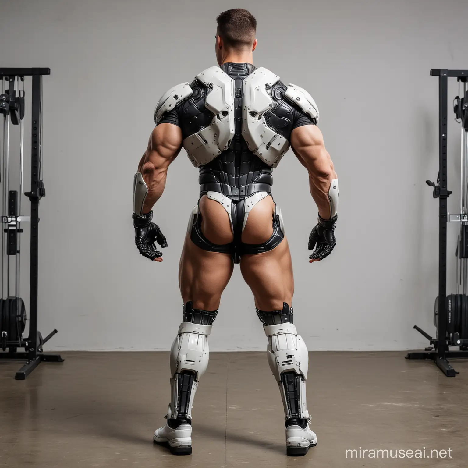 RoboCop, White Male, Olive Skin, Heavy Sexy Swole, Bodybuilders, Fullview, Backside Buttside View, Posing Mode, Doing An YouTube Video, Selfie Photograph.