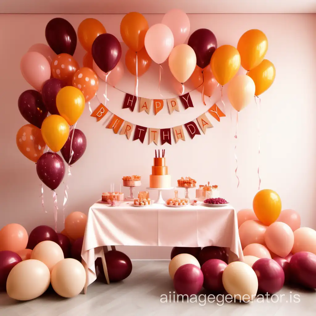 create an image of room decorated for a feminine birthday party using colors:  orange shades, peach shades, beige, burgundy shades