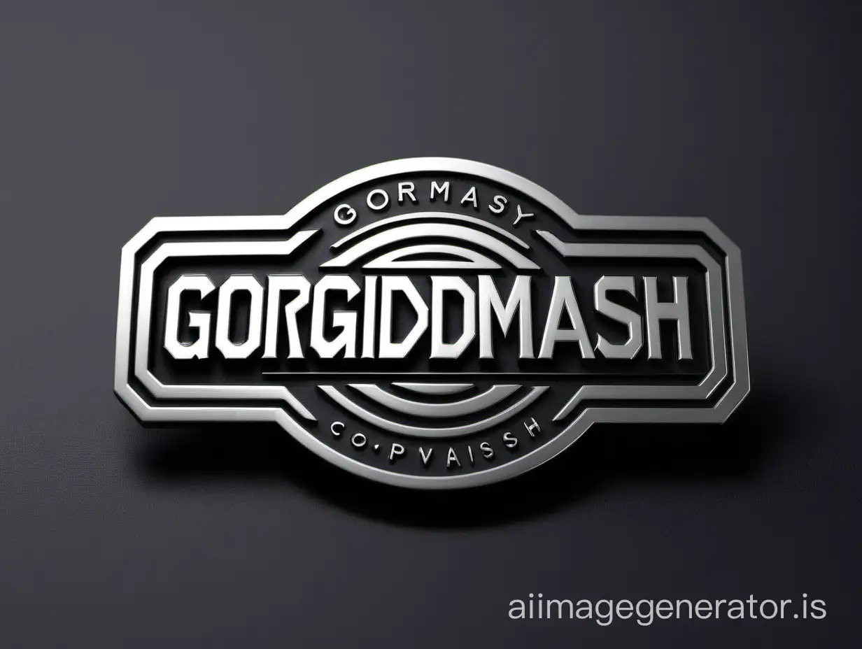 logo of the company gorgidromash, which produces servers, in the form of a metal badge with the inscription of the company name in large letters, elongated shape
