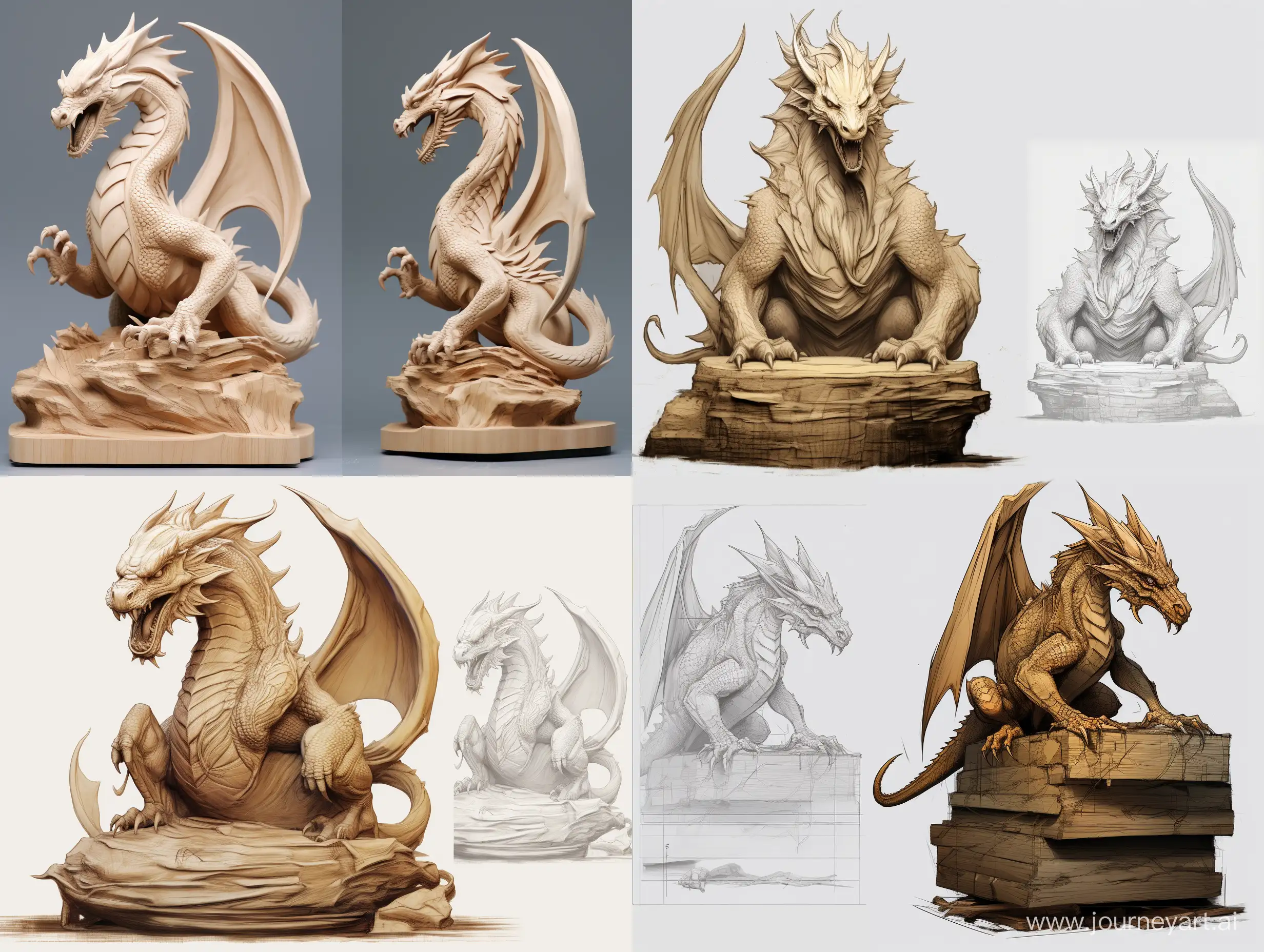 Professional sketch for wooden sculpture, full-sized dragon sitting on a large wooden cube, Concept art, professional dynamic character, front back view and side view, wood carving, ready for battle 3d, white background, 8k Render, ultra realistic