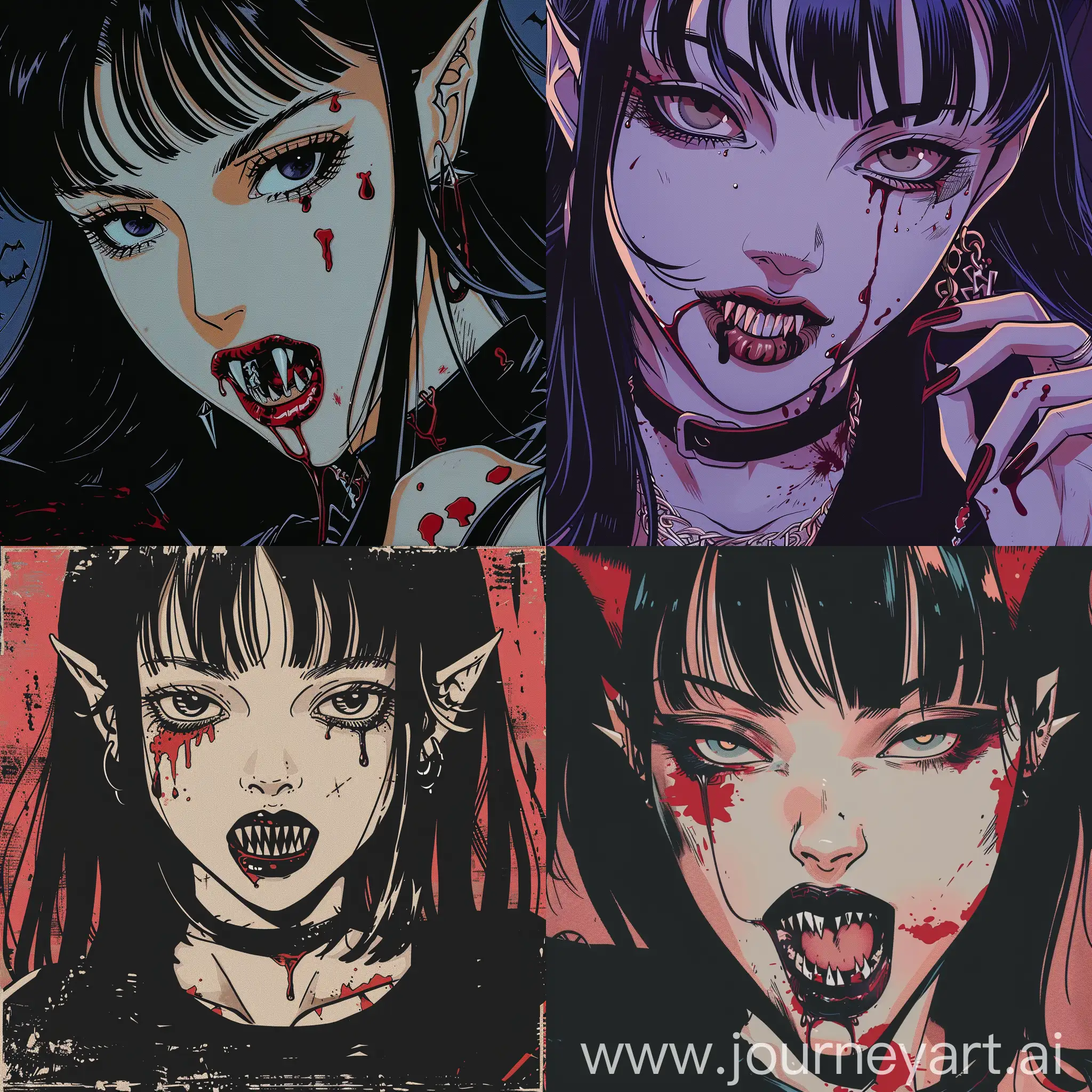 девушка вампир с клыками, и пятнами крови, в стиле аниме комиксов 90-х