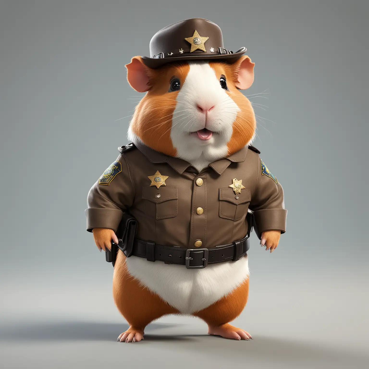 a happy fun Guinea pig in cartoon style in full body with Sheriff clothes with clear background