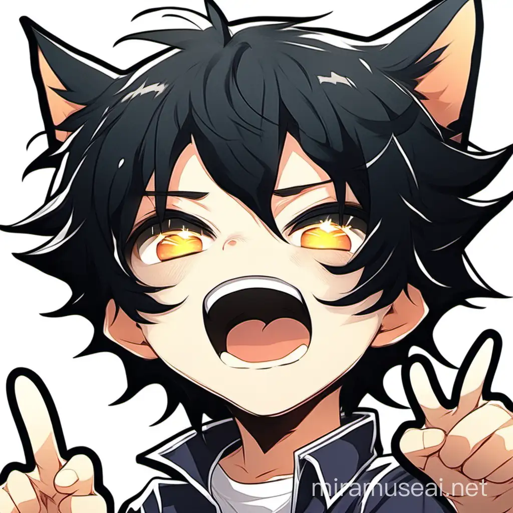 A cat boy with black hair yelling like a sticker we only see his head

