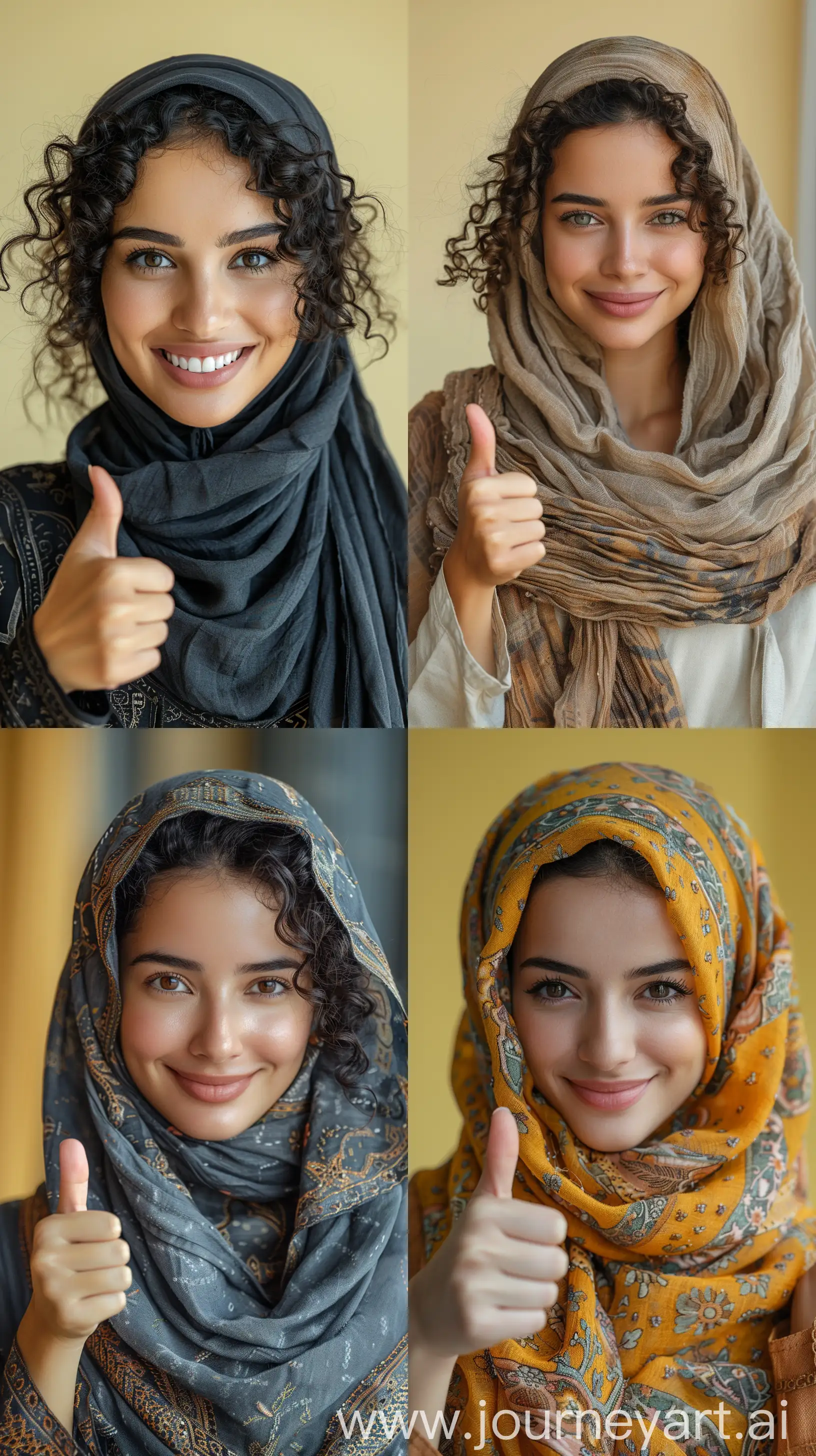 Happy curly hair female hijab signaling with thumbs up isolated on solid light yellow background --ar 9:16 --stylize 750 --v 6