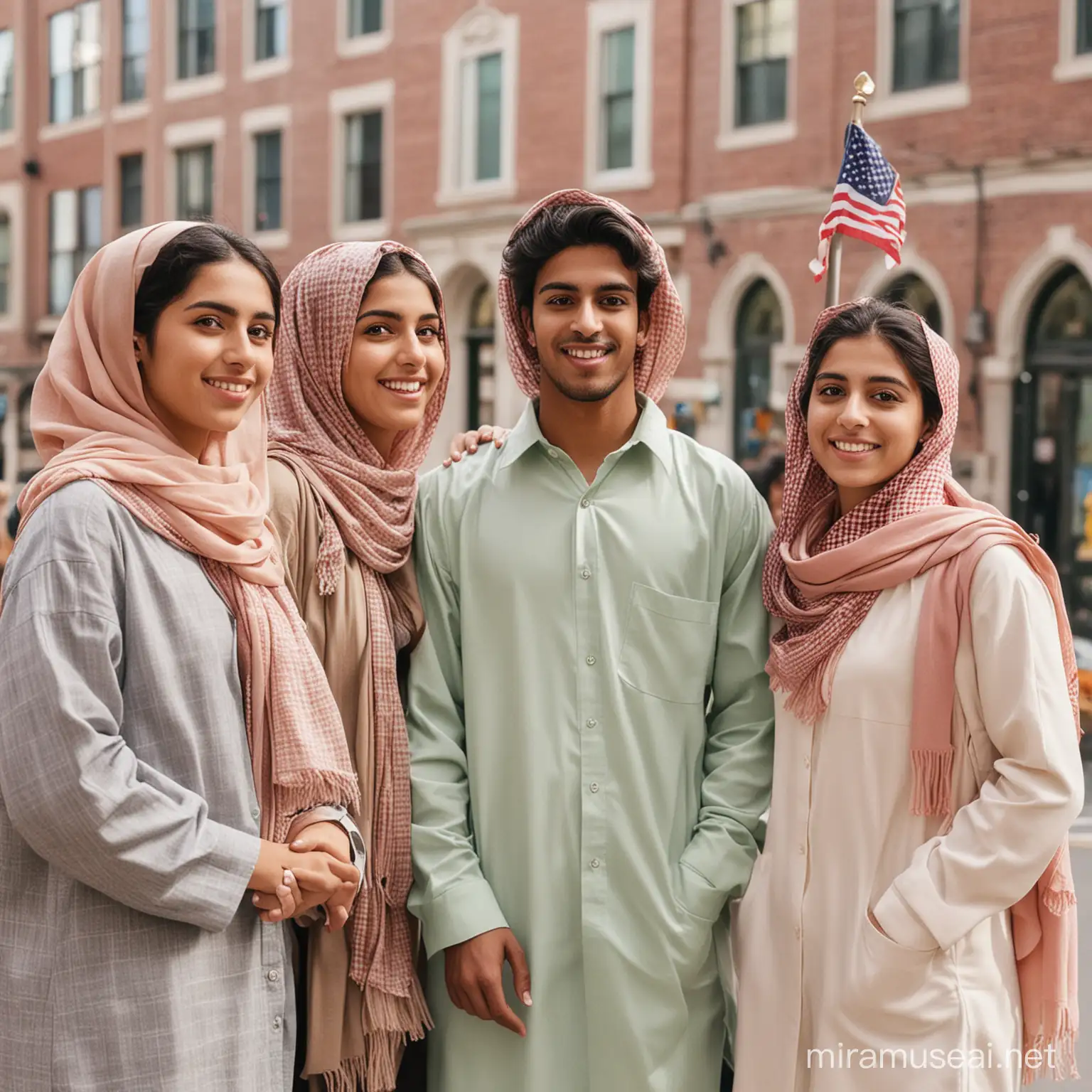 create an image of a suadi male student live in boston with his three sisters