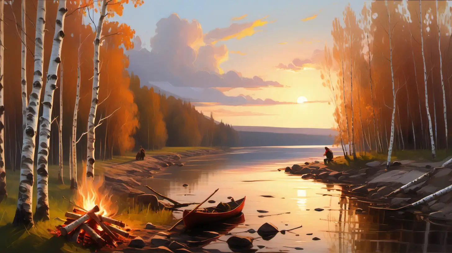 use style of russian landscape artists: a wide river, sunset, birch trees, a campfire