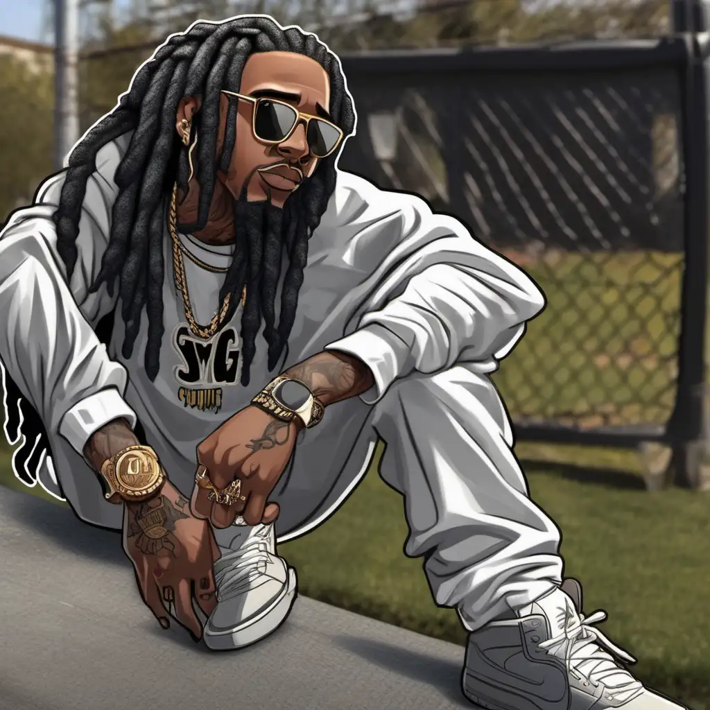 Create cartoon fantasy style logo for brown skinned rapper with black dreadlocks, sun glasses, air jordan shoes, no tattoos, representing swag, lyricism, and power