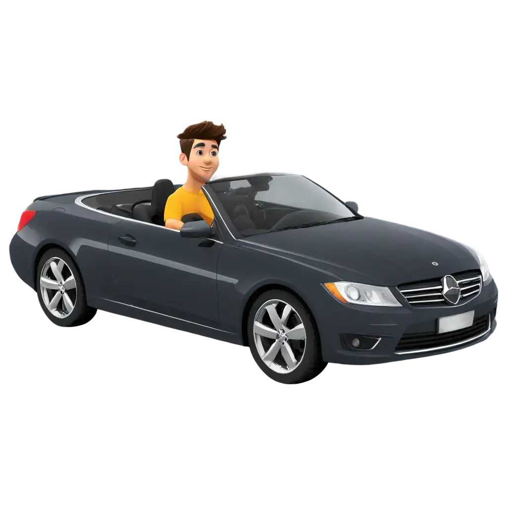 cartoon style, a man sits in a car in a convertible