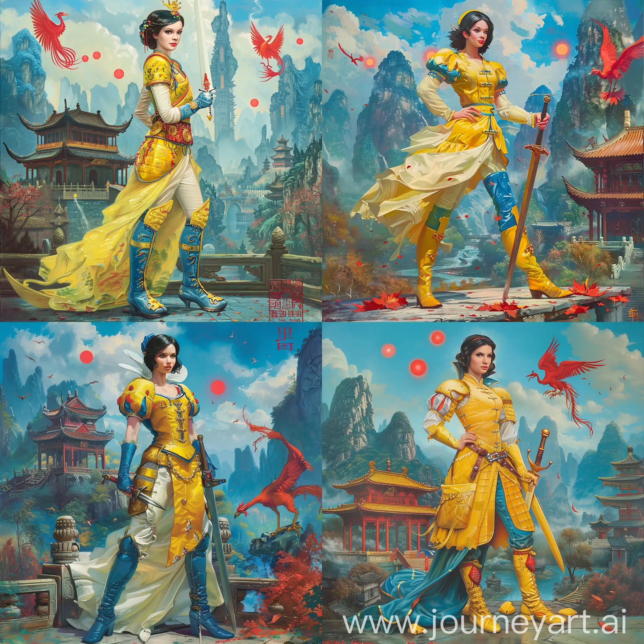 Historic painting style:

a Disney German Princess Snow White, she wears yellow and marine blue color style Chinese medieval armor and boot, she holds a Chinese sword in right hand, 

Chinese Guilin mountains and temple as background, red phoenix and three small red suns in blue sky.