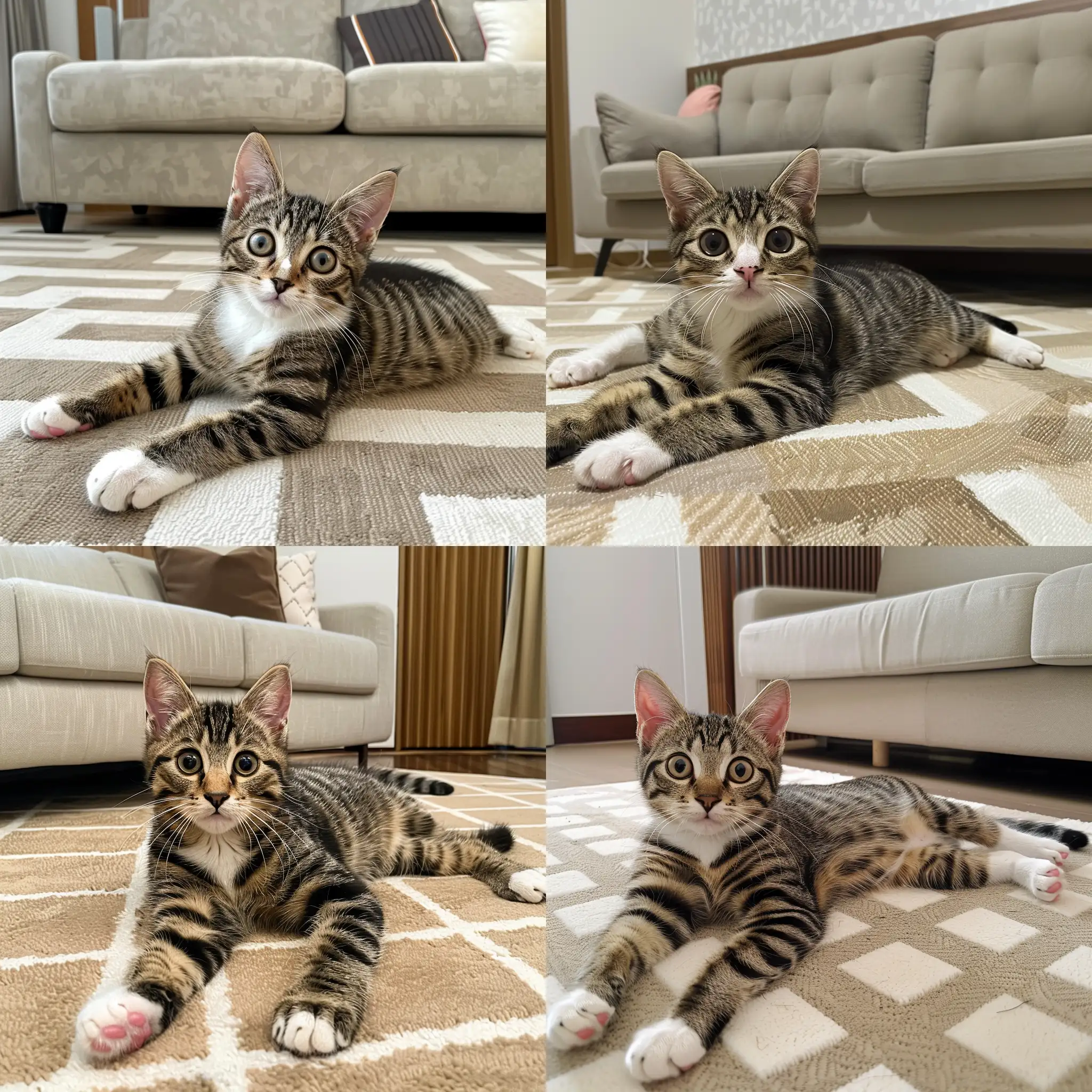 Adorable-Tabby-Kitten-Relaxing-on-Beige-Patterned-Carpet-in-Cozy-Living-Room