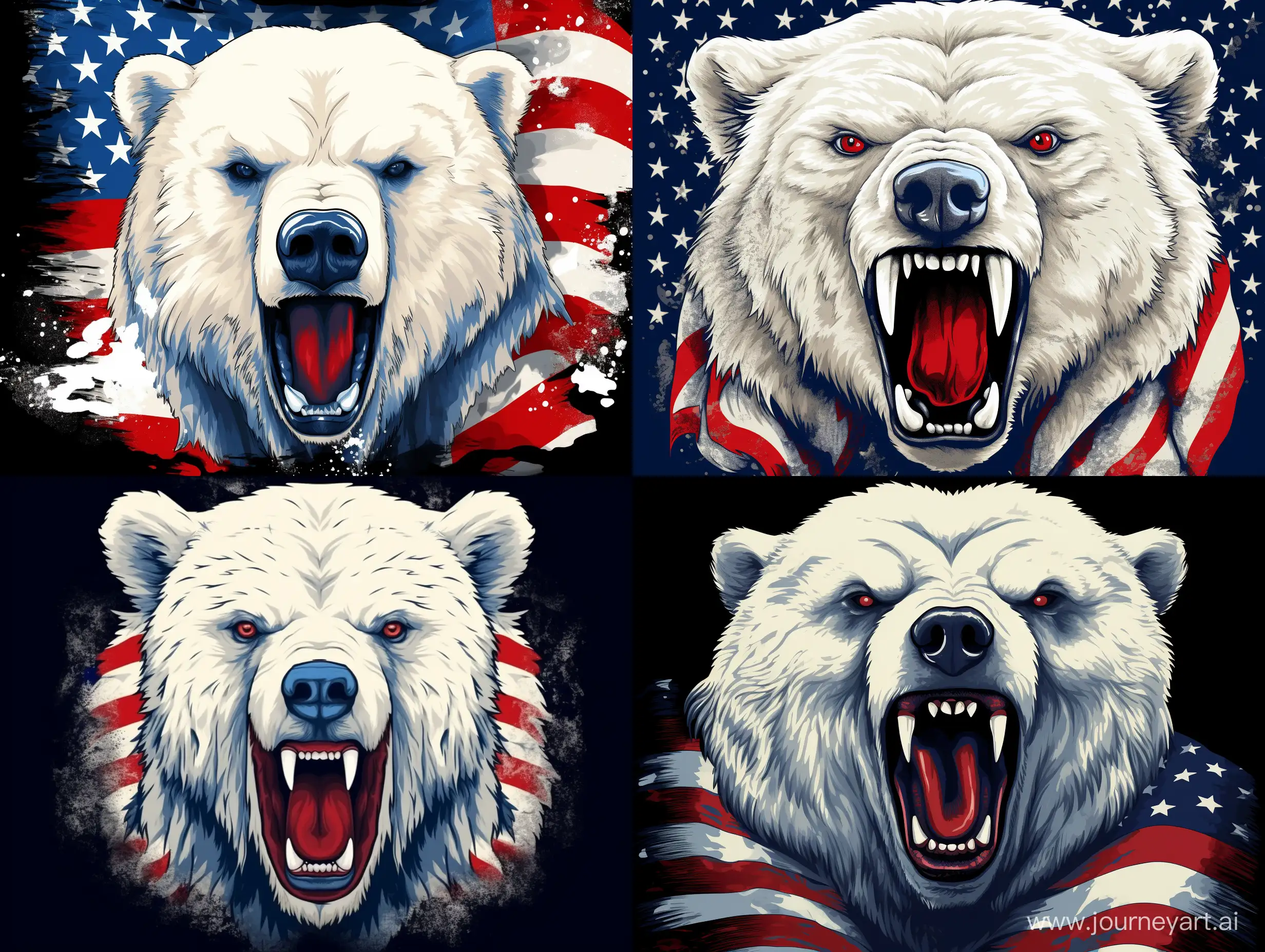 T-shirt print vector white polar  ferocious bear 
against the background of the flag of usa