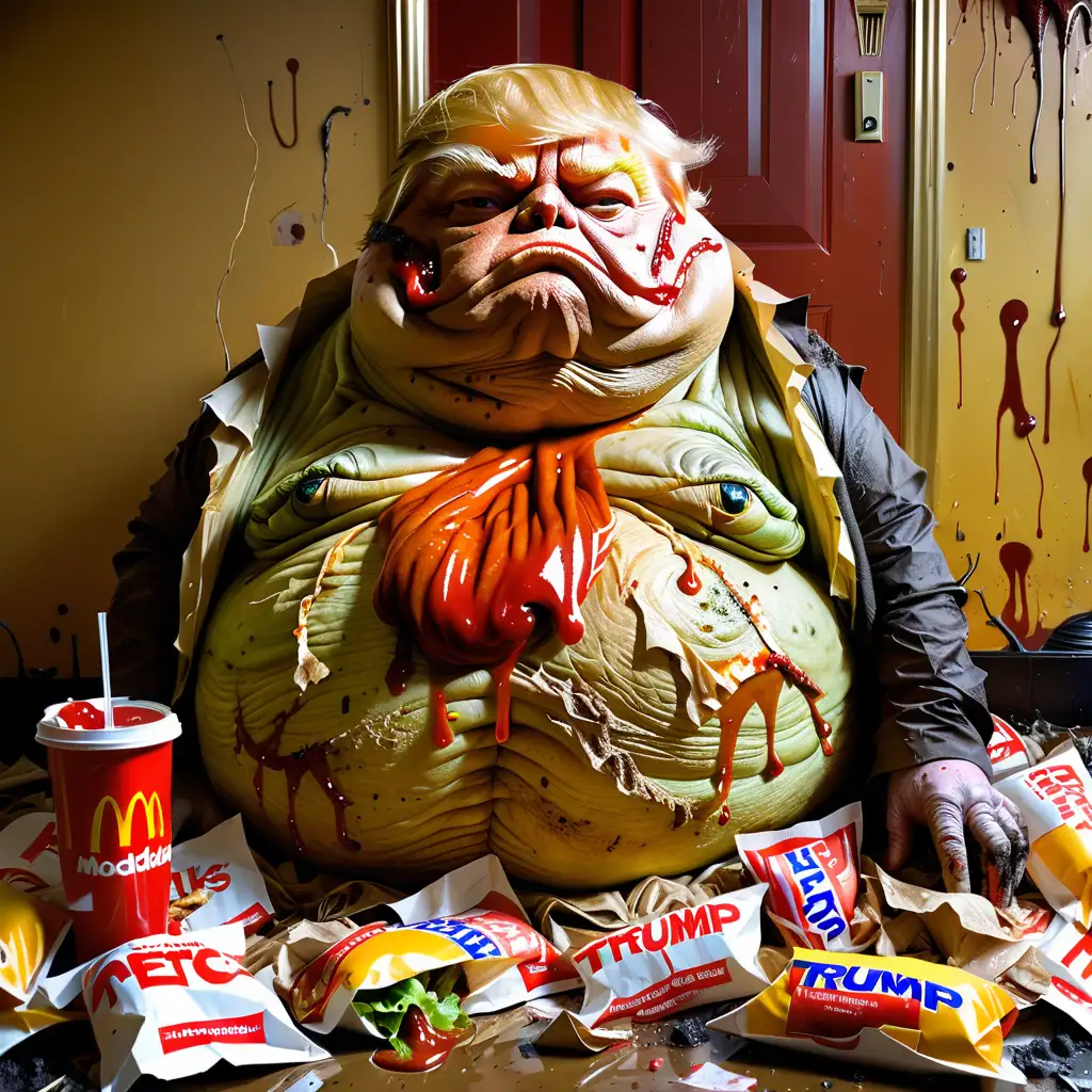 Grotesque Depiction Jabba the Hutt Morphed with Donald Trump Amidst Filth and Fast Food