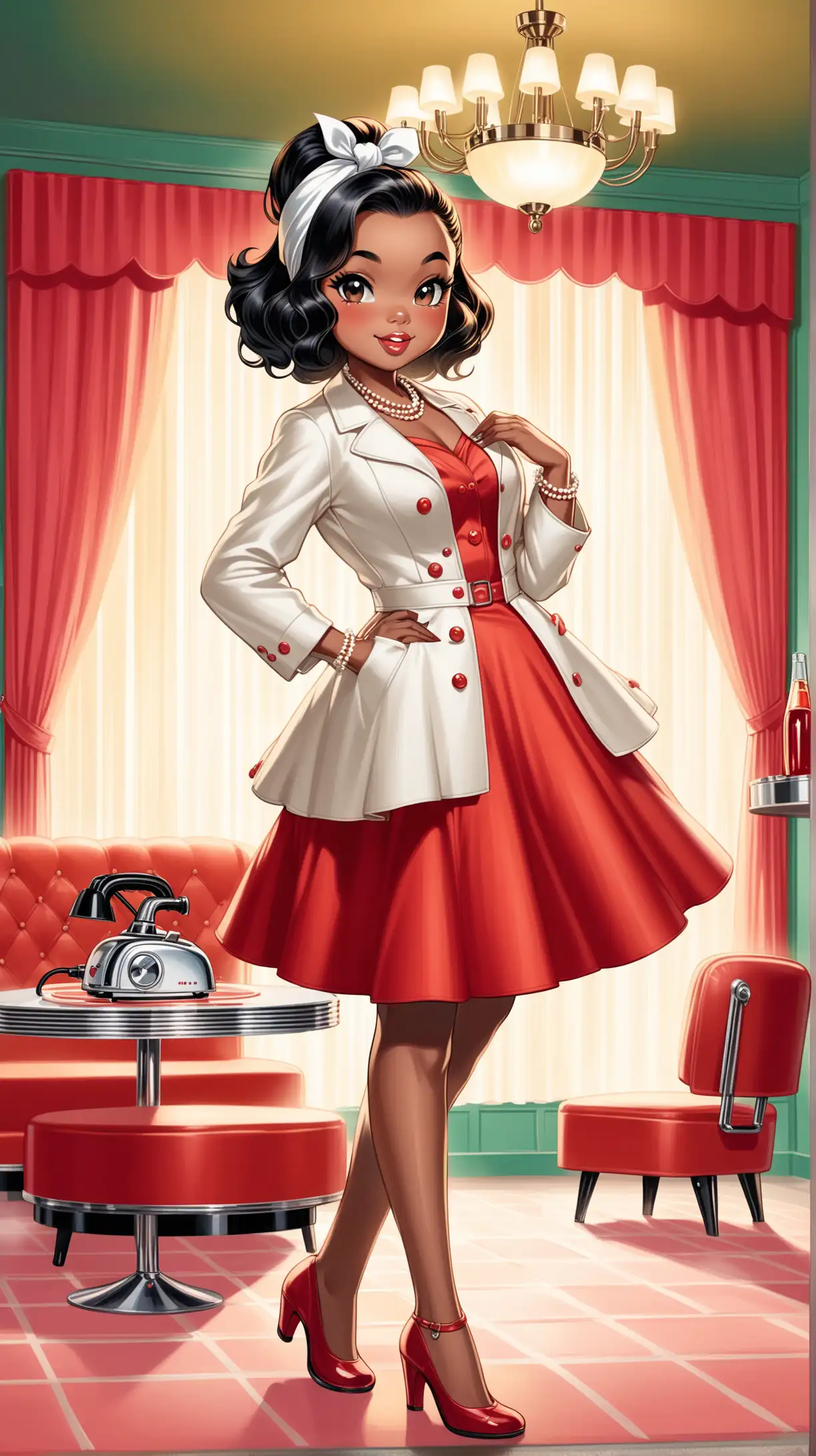 Create an image of a glamorous, chibi African American character with long, wavy, dark red hair tied with a white bandana, posing playfully in a 1950s-inspired diner. The character is dressed in a chic, form-fitting white suit featuring a peplum jacket adorned with black buttons. She playfully wields a 1950s vacuum cleaner, hinting at vacuuming a carpet within a luxurious 1950s living room. The living room is detailed with a floor model TV, a coral couch with matching curtains and pillows, creating a cohesive and vibrant mid-century ambiance. A grand chandelier illuminates the space, highlighting 1950s-style furniture, including a chrome cocktail table. A Shih Tzu dog adds a touch of warmth and companionship to the scene, enhancing the nostalgic and glamorous atmosphere. This digital A-line airbrush oil painting combines elements of fashion, interior design, and a playful narrative set in a bygone era, all while emphasizing the character's style and the detailed 1950s setting.