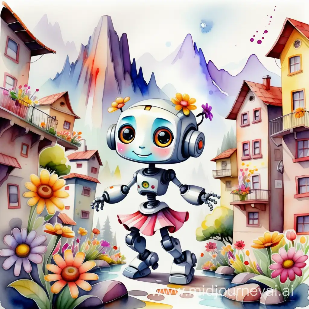 Akvarel. Veseli grad u Zemlji zvukova, okružen visokim planinama, rijekama i šarenim cvijećem. Maleni crtani robot koji liči na djevojčicu koji pleše.