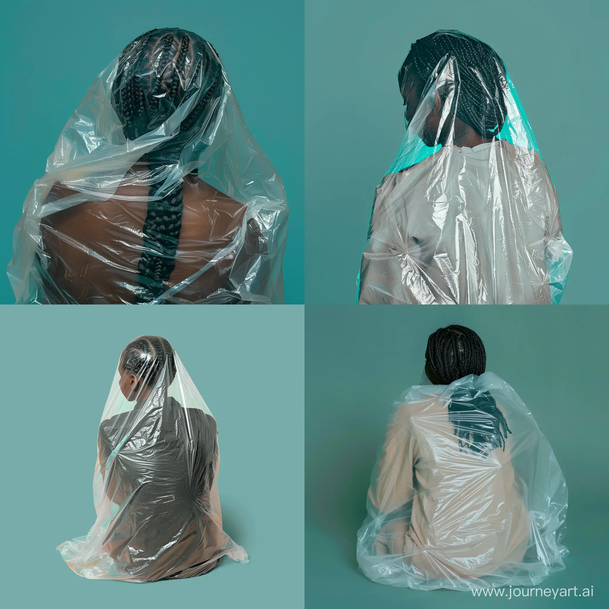 African woman covered in a clear draped plastic bag. She is facing down and she has plaited hair. Her body is facing the front camera view. The background is teal in color.