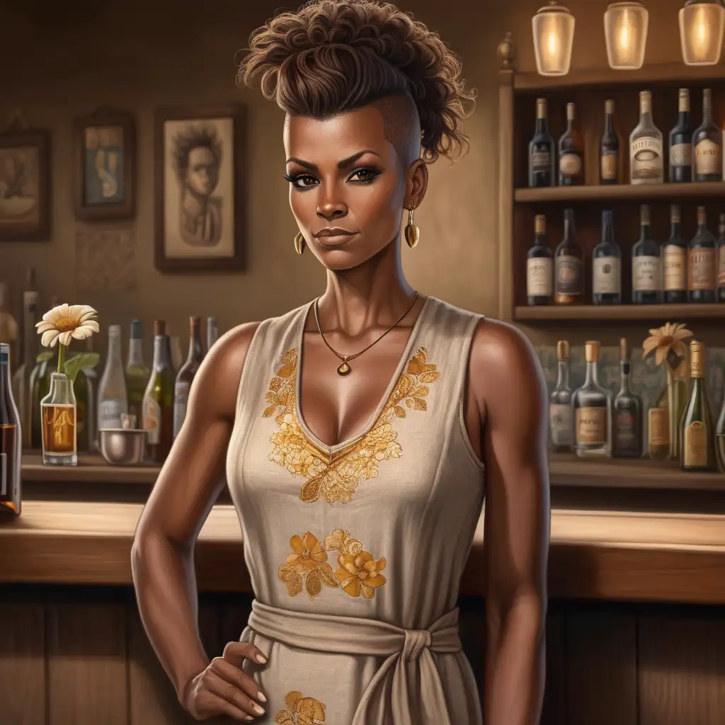 44 year old human woman, long brown mohawk with haved sides, golden eyes, smooth dark skin, square beautiful face, she wears a long beige linen dress with a flower pattern. She is a bar maid