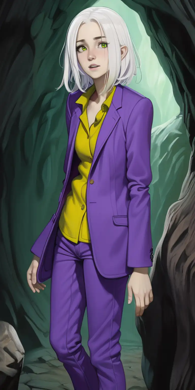 young adult woman, white skin, green eyes. shoulder length white hair, purple and yellow suit, no shoes, no extra limbs, open mouth, hiding inside of a dark cave