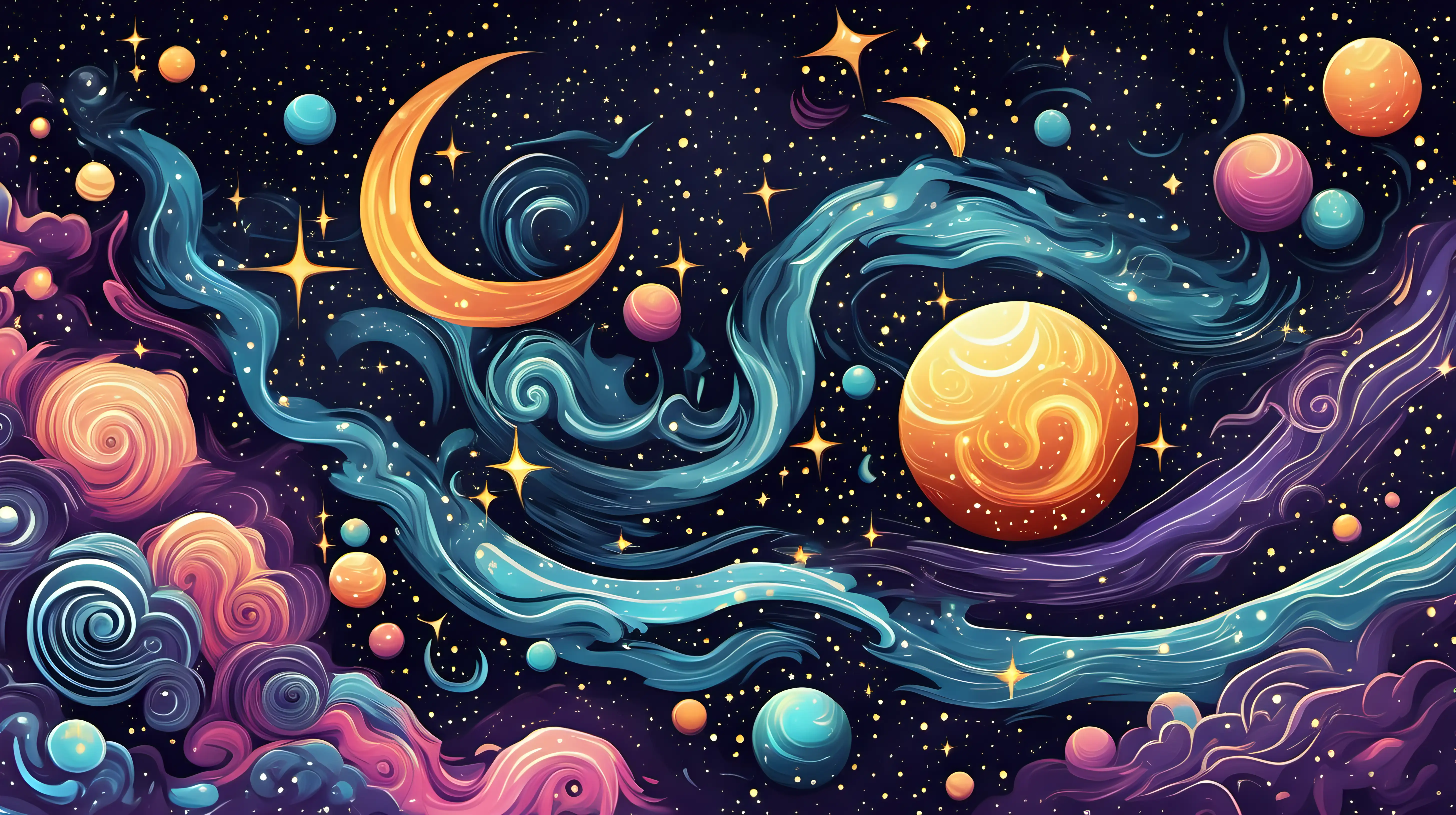 Craft an abstract background inspired by celestial bodies and cosmic phenomena, incorporating swirling galaxies, stars, and cosmic dust
