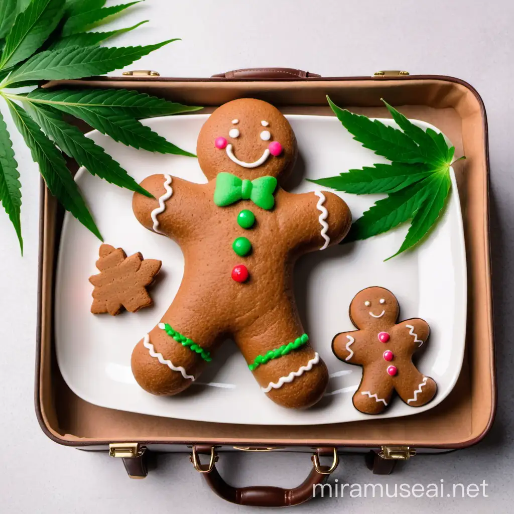 there is a plate with gingerbread and green hemp leaves on the table, a large suitcase is next to the table