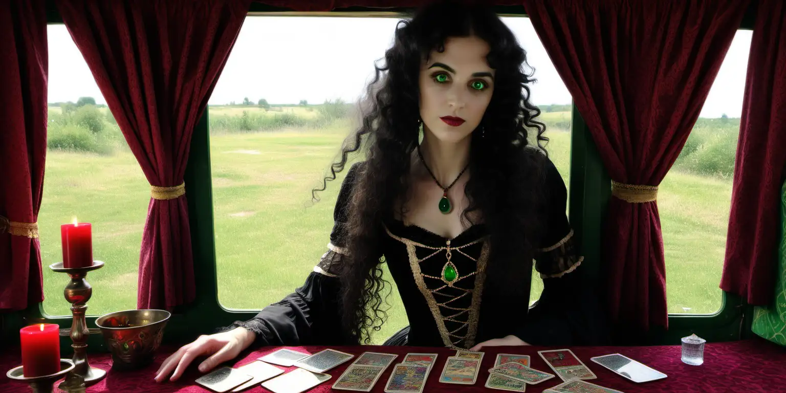 inside a gypsy wagon , there are red velvet & black lace curtains, an open leadlight window, tiny flower patterned wallpaper, a victorian era gypsy clairvoyant lady, she has long dark curly hair, she has green eyes, she is wearing a beautiful black satin long dress  . She is  sitting on a chair , there are  6 small tarot cards on the table & a crystal ball 
