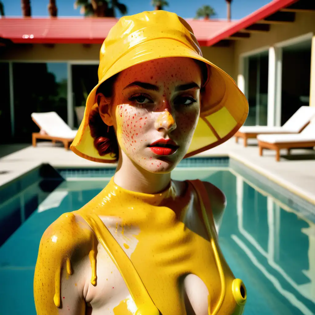 Fashionable Freckled Woman in Yellow Paint at Incredible Villa Pool