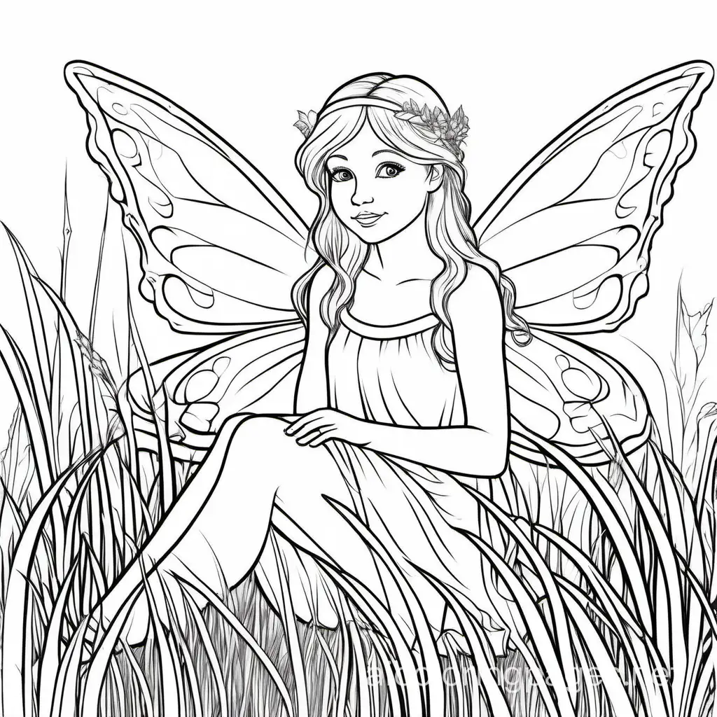 fairy sitting in the grass , Coloring Page, black and white, line art, white background, Simplicity, Ample White Space. The background of the coloring page is plain white to make it easy for young children to color within the lines. The outlines of all the subjects are easy to distinguish, making it simple for kids to color without too much difficulty