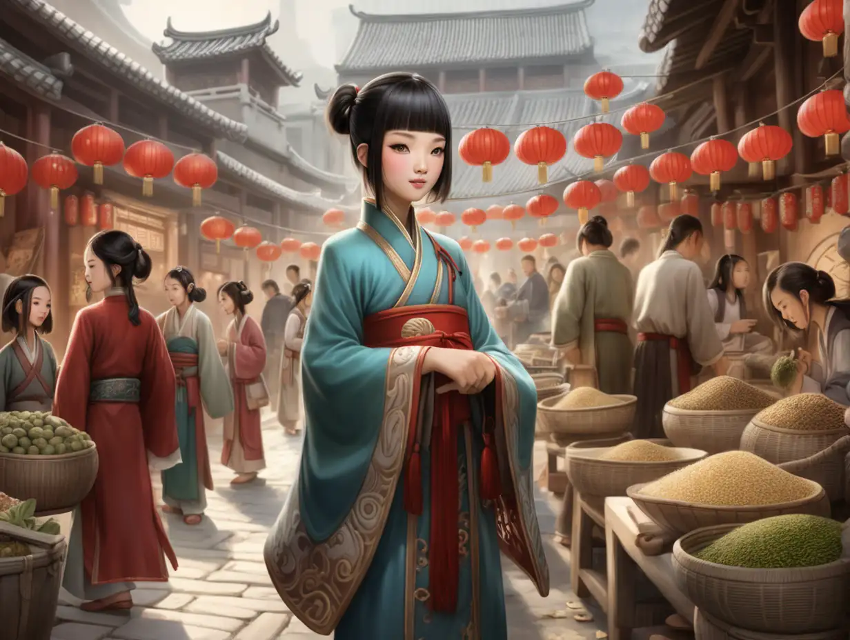 ancient China Short Hair fairy standing in crowded ancient village market.