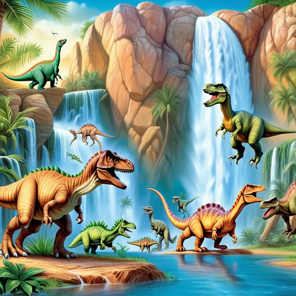 Dinosaurs Roaming by a Stunning Waterfall in Vibrant Colors | MUSE AI