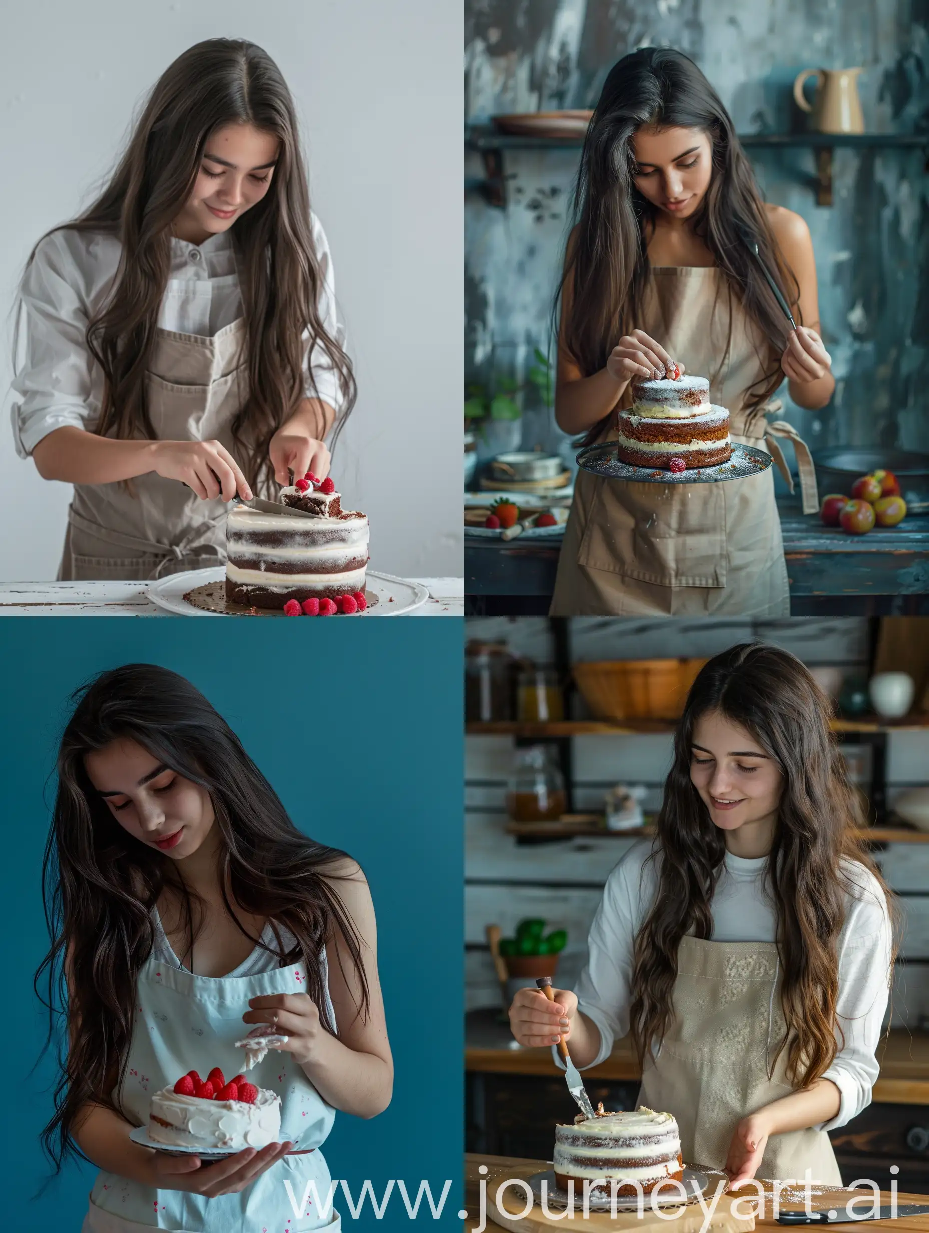 Playful-Brunette-Girl-Preparing-Cake-in-Apron