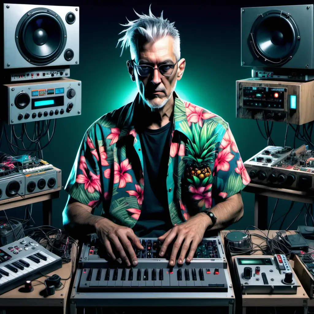 Modular Techno album cover Cyberpunk style art, a male with grey hair, wearing a Hawaiian shirt behind musical devices, no text