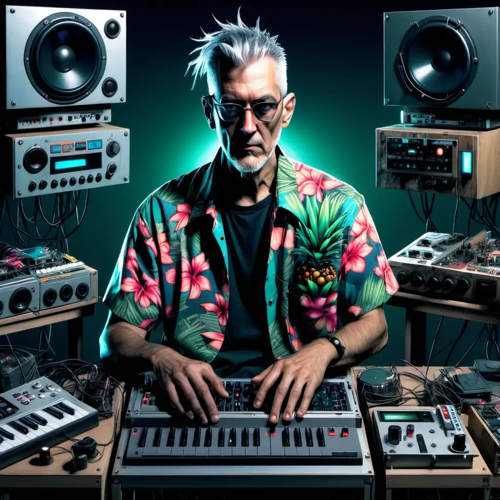 Cyberpunk Modular Techno Album Cover with GreyHaired Male and Hawaiian Shirt