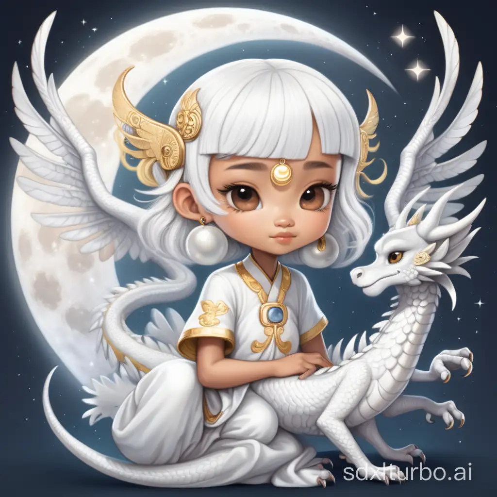 a tiny beautiful white asian Moon Lady with wings like an angel and a dragon pet cartoon style