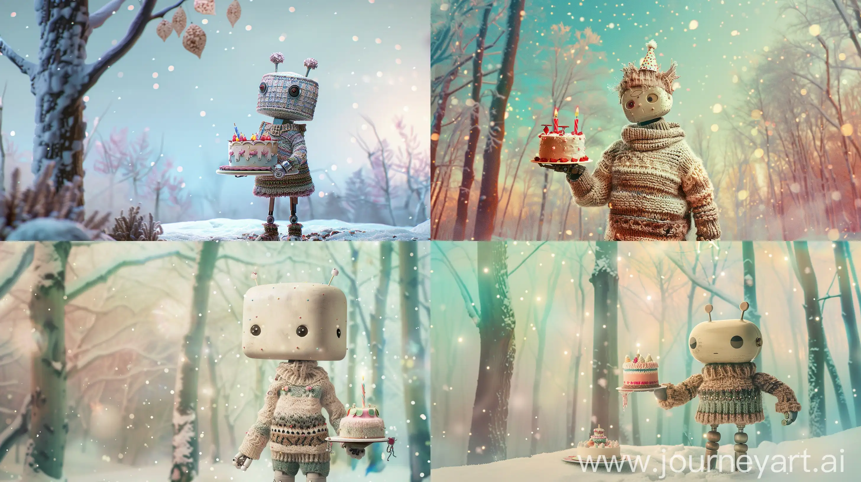 an enchanting image of a charming woodland robot standing amidst a serene snowy forest. The robot is adorned in cozy and intricate knitted clothing, exuding a sense of warmth. The scene is set for a delightful birthday celebration, with the robot cheerfully holding a beautifully decorated cake on a festive plate. Above, the sky is dotted with twinkling stars, casting a magical glow on the surroundings. The photography style draws inspiration from Wes Anderson's distinctive pastel colors, creating a dreamy and nostalgic ambiance. The imagery is vibrant and captivating, with careful attention to cinematography to enhance the storytelling. The background features a soft bokeh effect, adding depth and focus to the full-body portrait of the robot, inviting viewers into a whimsical world filled with wonder --ar 16:9