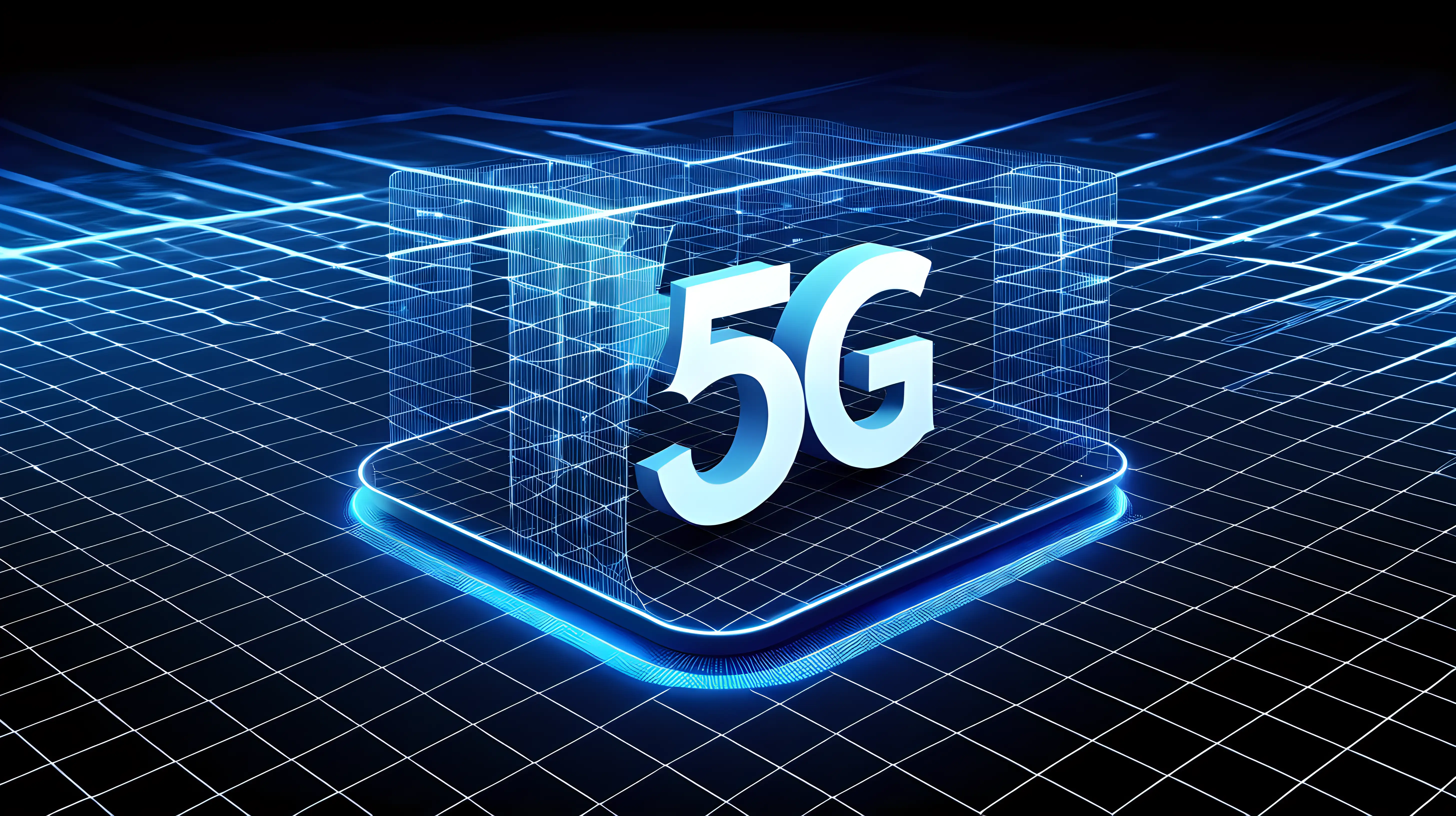 A sleek and modern representation of 5G, with the iconic "5G" symbol centered in the image against a backdrop of illuminated futuristic lines and a grid pattern reminiscent of high-speed data transfer.