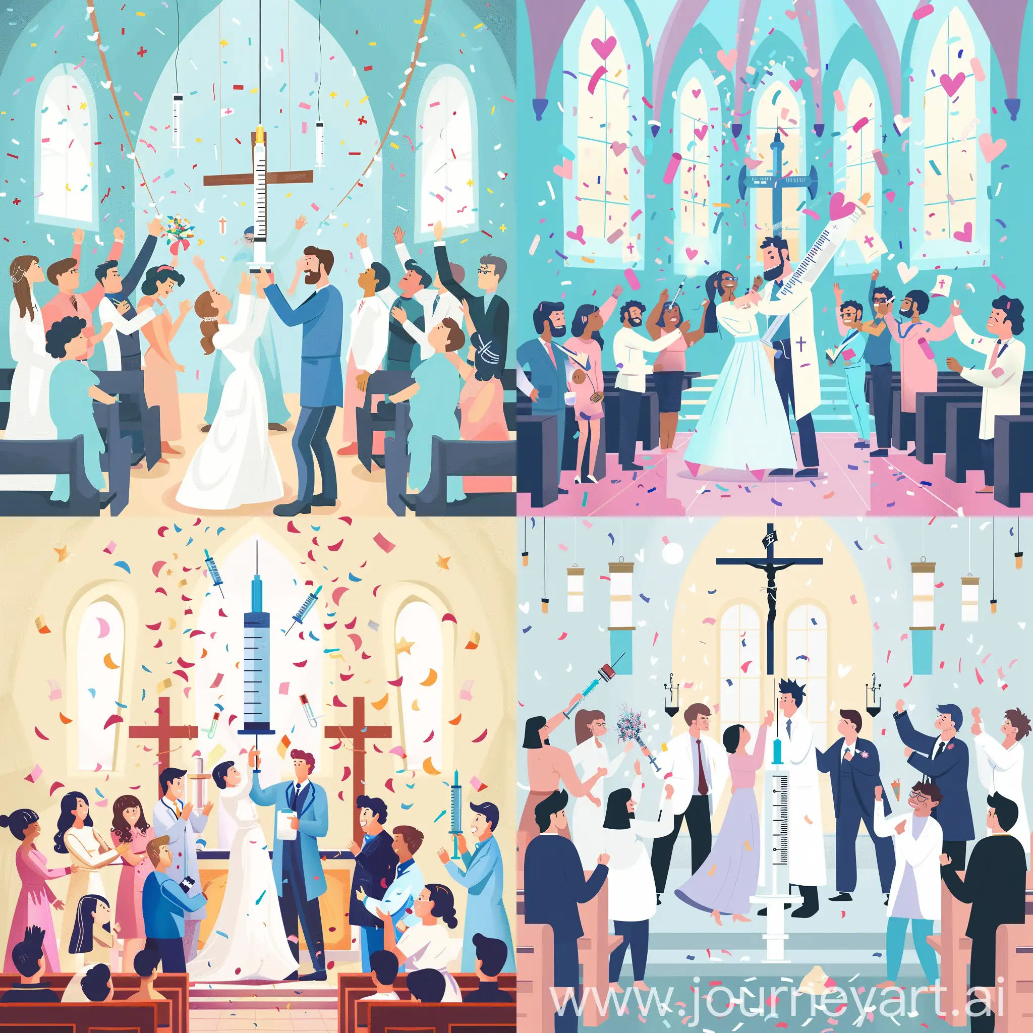 Un medico che sposa una siringa in Chiesa contornato da persone che festeggiano.