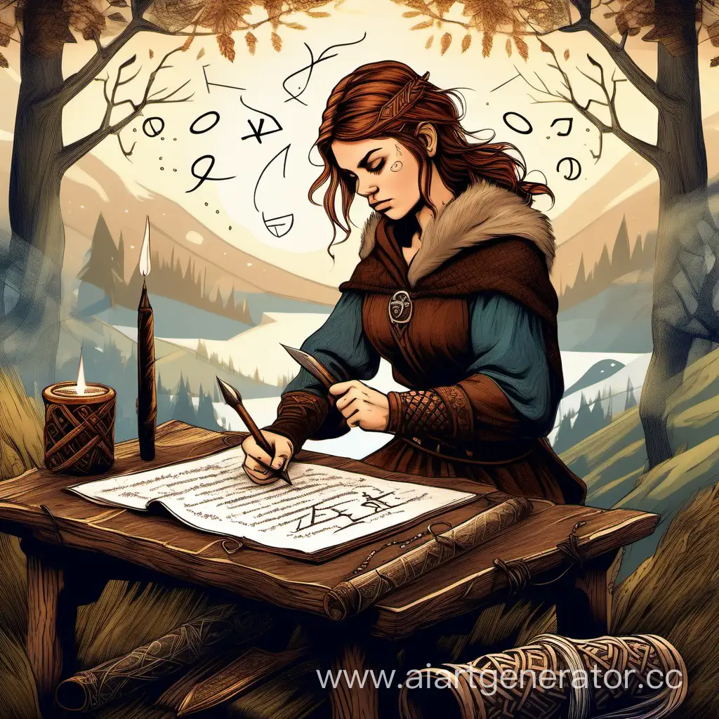 Девушка викинг с короткими коричневыми волосами пишет пером заклинание на фоне природы и рун