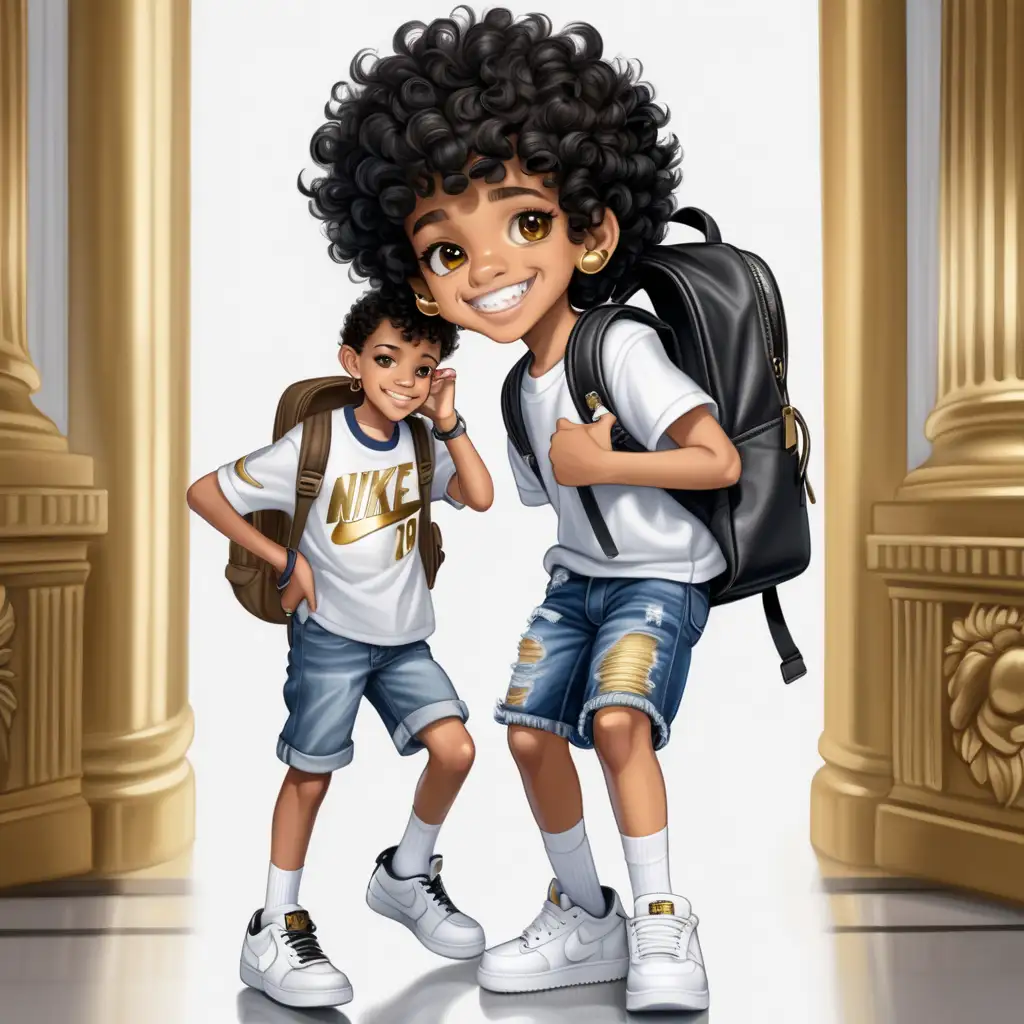 African American 11 year old boy, short black curly hair, golden colored skin, brown eyes, white teeth, gold nugget earrings, responsible, white shirt, denim jean shorts, black Nike socks, wearing white air force one shoes, with backpack on