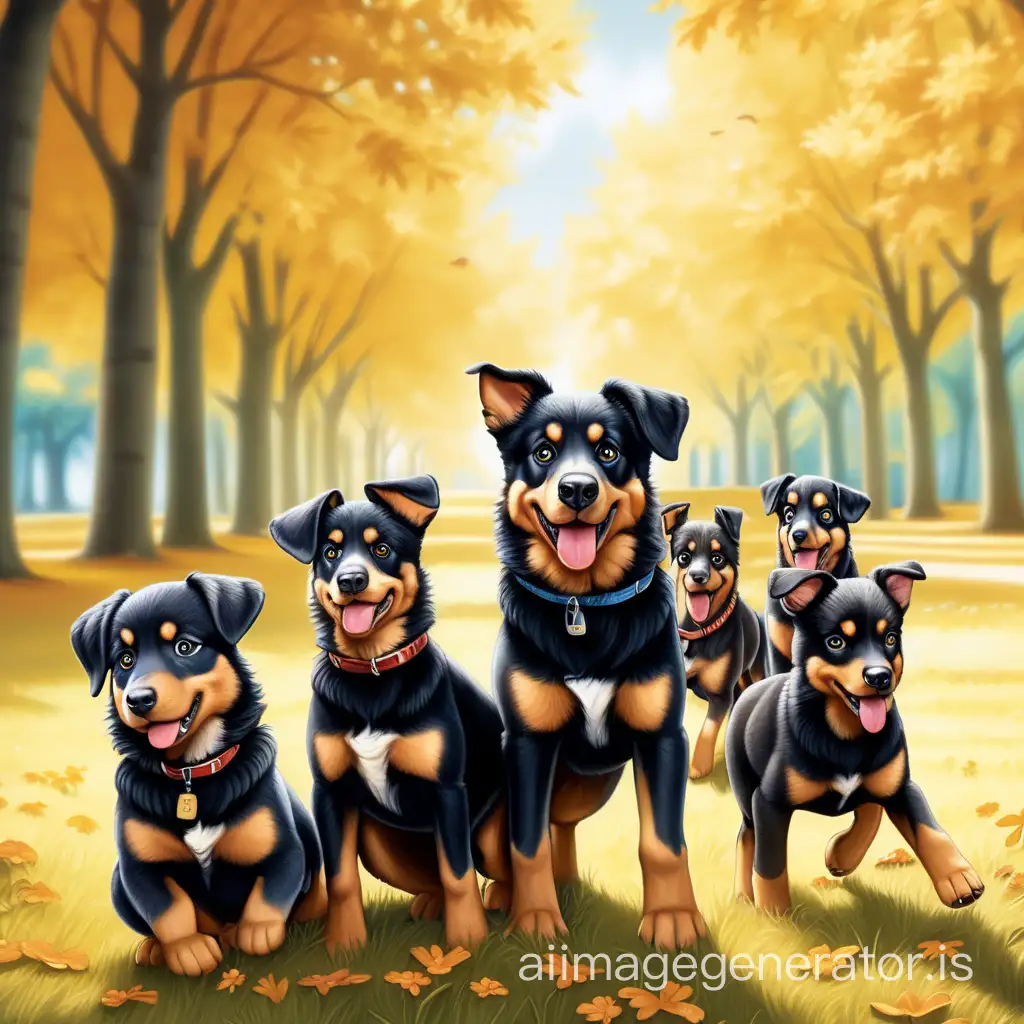 Imagine a visually stunning scene where a pack of miniature American dogs, resembling Beaucerons, frolic joyfully in a sunny park. The composition can be done realistically or in a manga cartoon style. Ensure that the 6-month-old puppy in the center of the image, resembling a miniature American Shepherd with distinctive Beauceron traits, embodies the playful and companionable spirit of the pack, adding a special touch to this animated and playful scene.