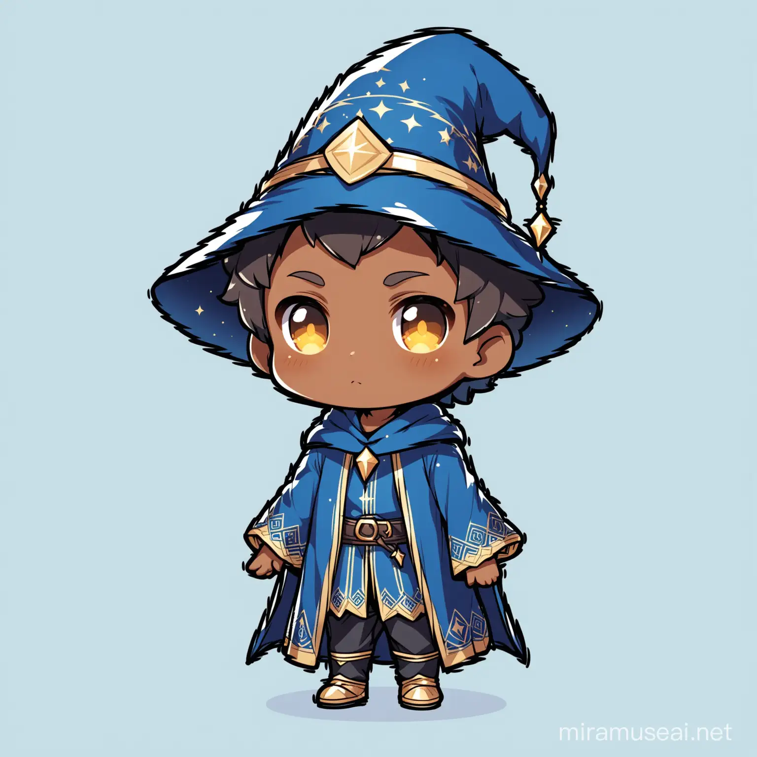 male child wizard with dark skin wearing blue on a white background full body chibi style