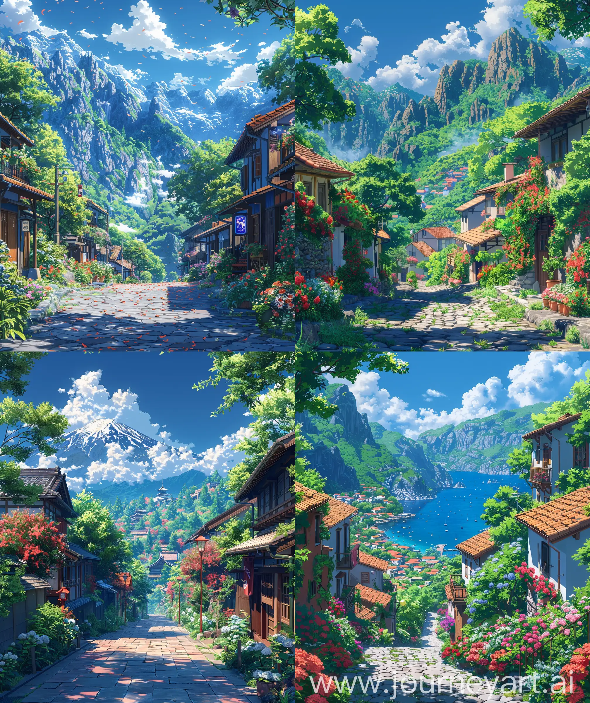 Beautiful anime scenary, verious earth's nature places scenaries, no city look, illustration, summer time, colorful look, direct front facade view, lofi view, anime scenary , ultra HD, high quality, sharp details, illustration, no blurry image, no hyperrealistic --ar 27:32 --s 600