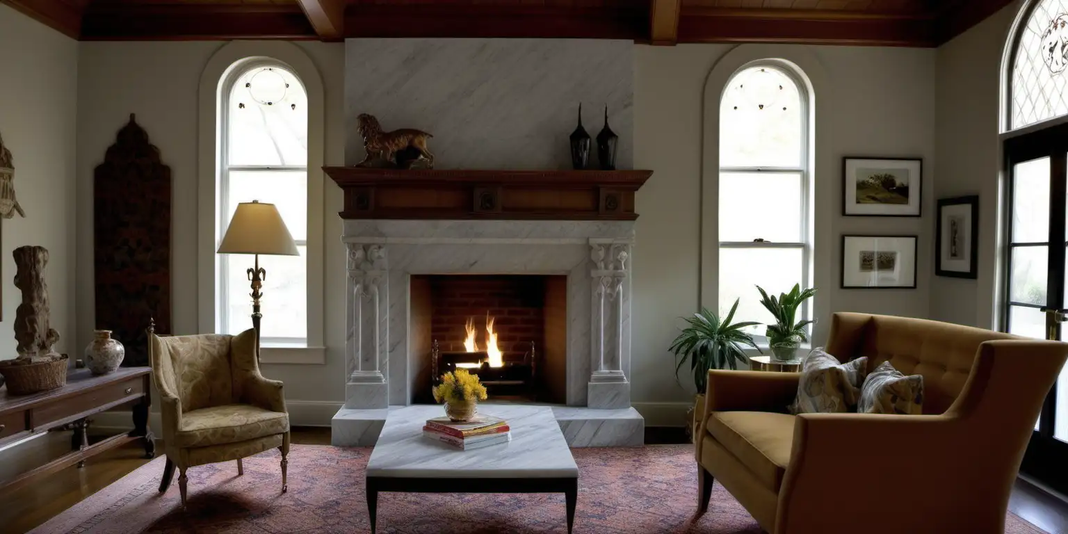 Vintage marble fireplace, Tudor wall, white oak, eclectic living room, frame tv