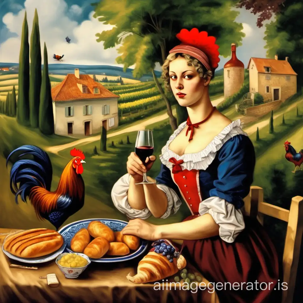 Страна Франция в образе женщины с багетом и вином с петухом 
