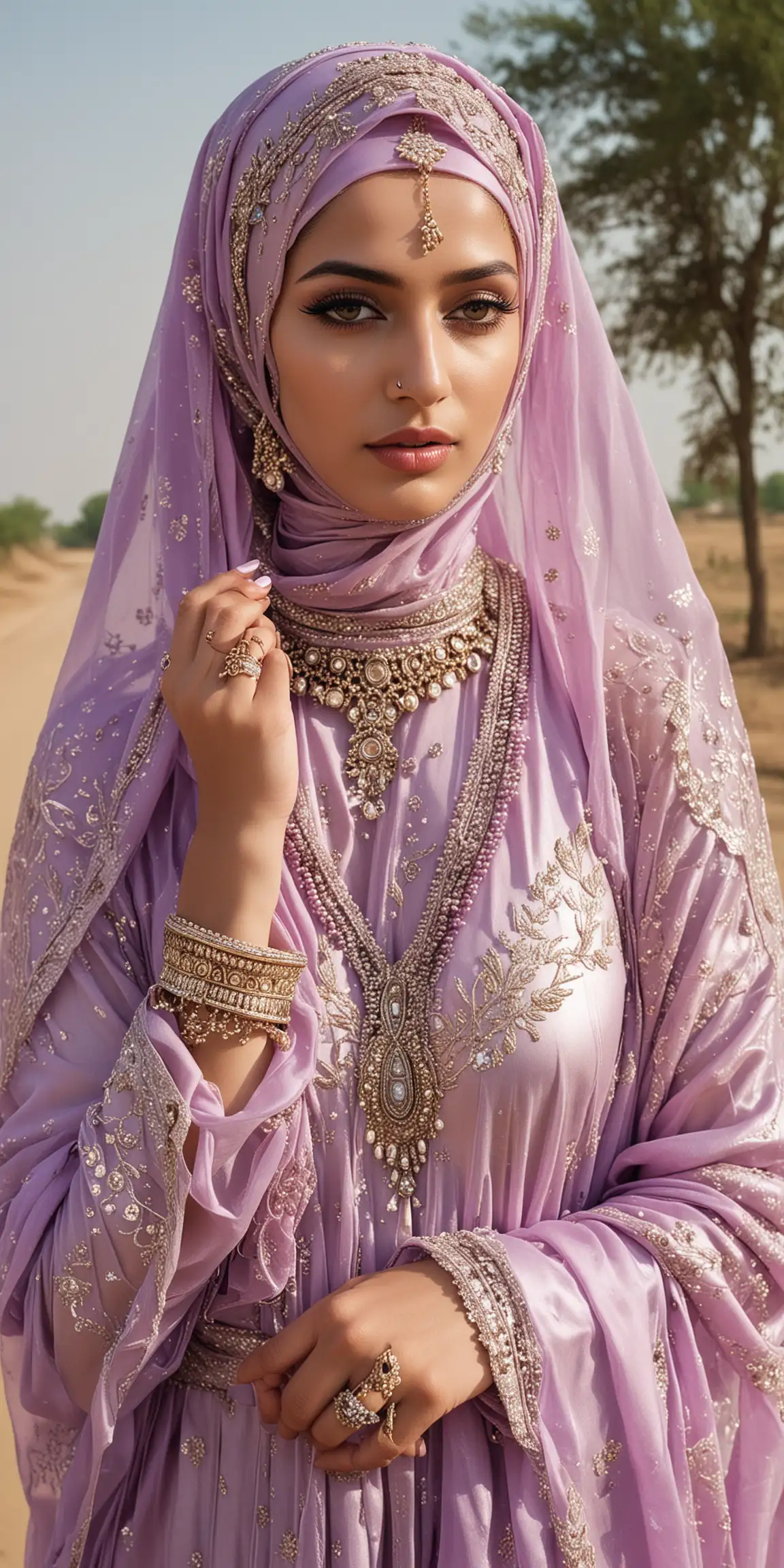 Lavender Silk Niqabi Arab Bride at Rural Haryana Bus Stop
